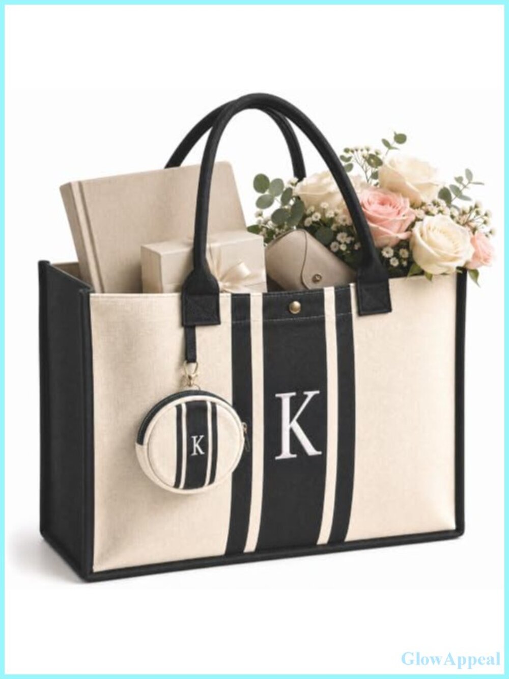 Monogrammed Canvas Tote Bag with Zippered Pouch for Women